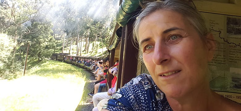 Image: Yooralla Disability Support worker, Sue, on the puffing billy