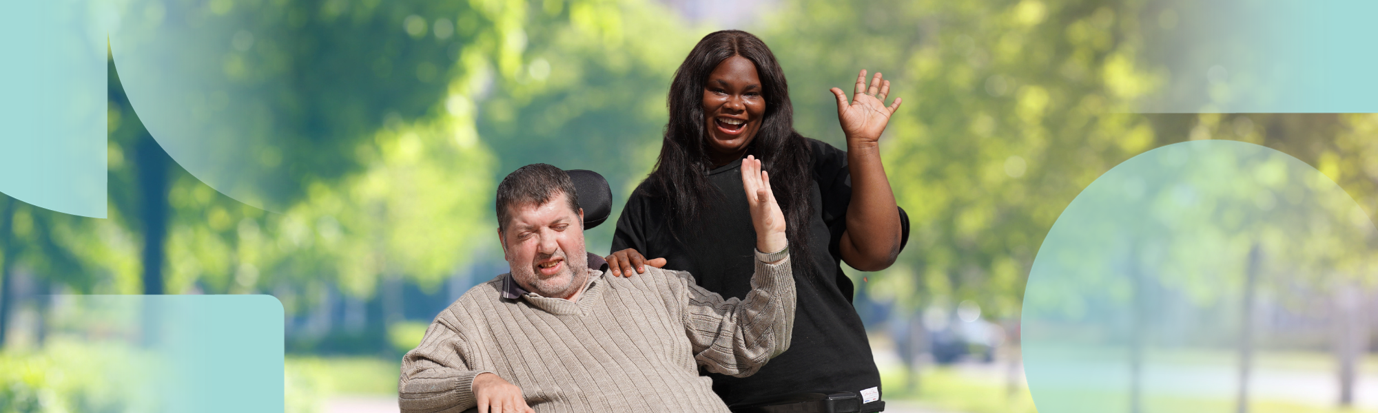 IMAGE: Client and their Disability Support Worker are smiling and waving, they are outdoors