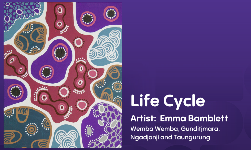Artwork by indigenous artist Emma Bamblett (Werba Werba)  - "Life Cycle" - This painting represents the begining of life. The purple areas down the bottom represent life in a shape of eggs that are being nurtured, ready for life. The Rose coloured area represents growth surrounded by family, people and community. 
The green areas represent land and rivers that connect to support a persons journey throughout life